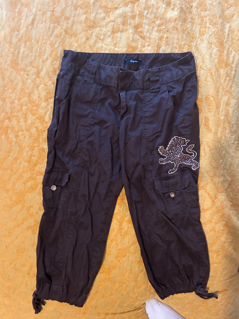 Brown Cargo Capri Pants with Embellished Lion